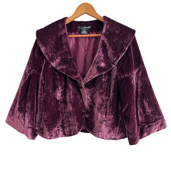 Vintage Cropped Velvet Jacket Sz M Burgundy Fairycore Grunge Whimsigoth Retro - Picture 1 of 9
